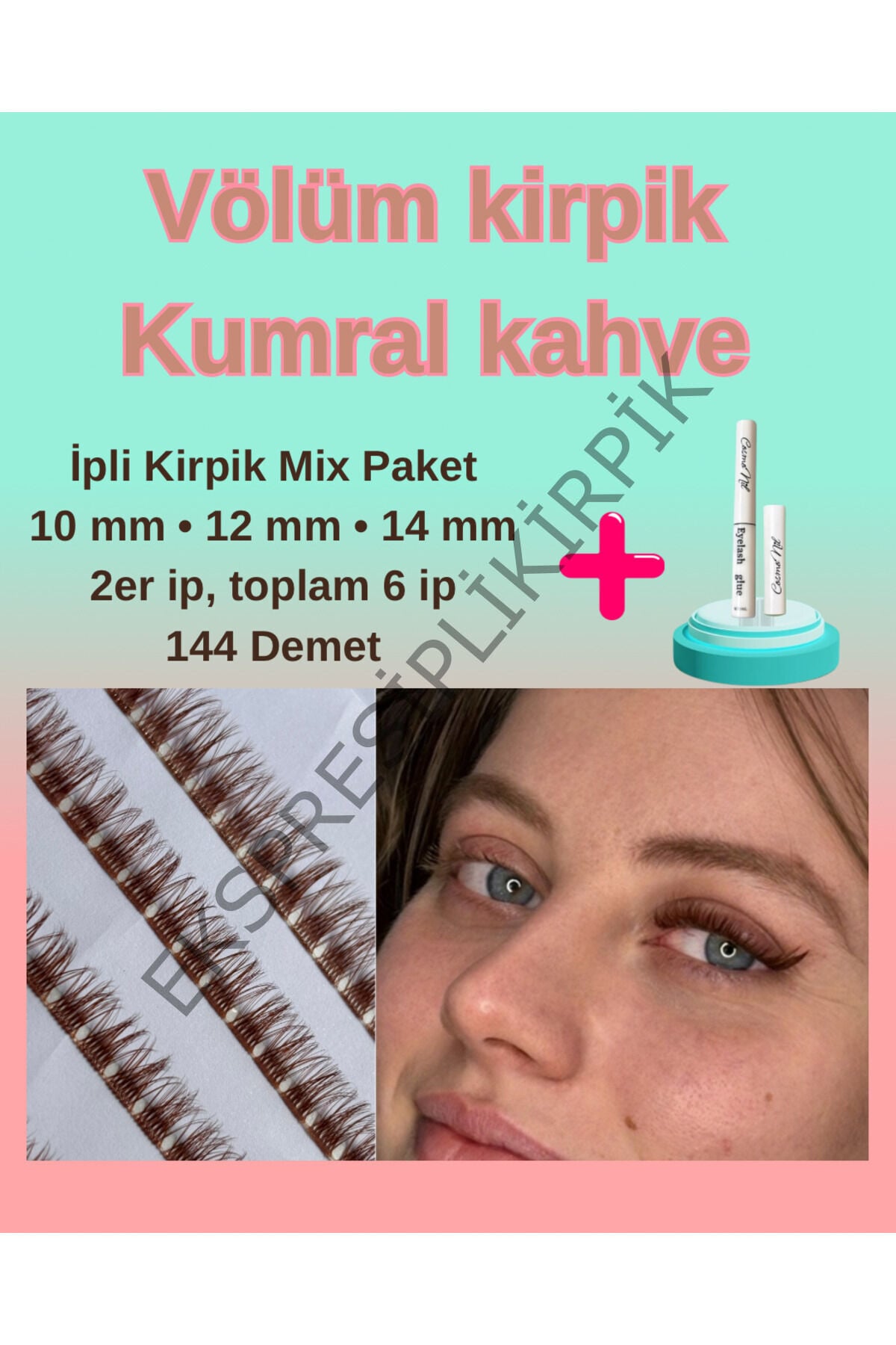 İpli kirpik volum kumral kahve mix paket 10-12-14mm 2’li + yapıştırıcı kumralkahvemix_1