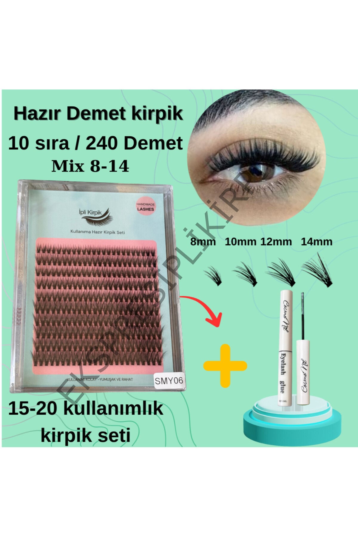 Hazır Demet Tekli Kirpik Mix 8-14 mm – 10 Sıra / 240 Demet – 5-7 Gün Kalıcı Yapıştırıcılı 8681379smy06x_1