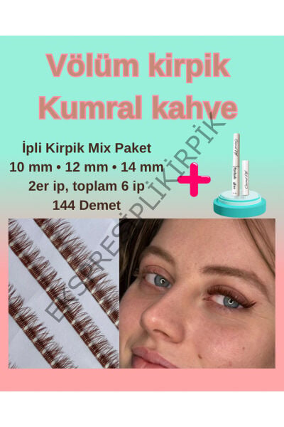 İpli kirpik volum kumral kahve mix paket 10-12-14mm 2’li + yapıştırıcı