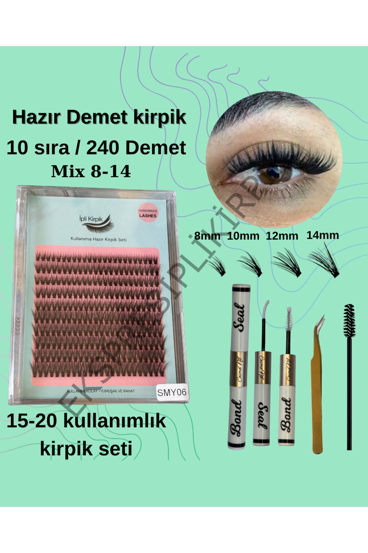Hazır İnceDemwt Kirpik Seti - Yapıştırıcı, Sabitleyici, Cımbız, Fırça ve Kirpik Bandı