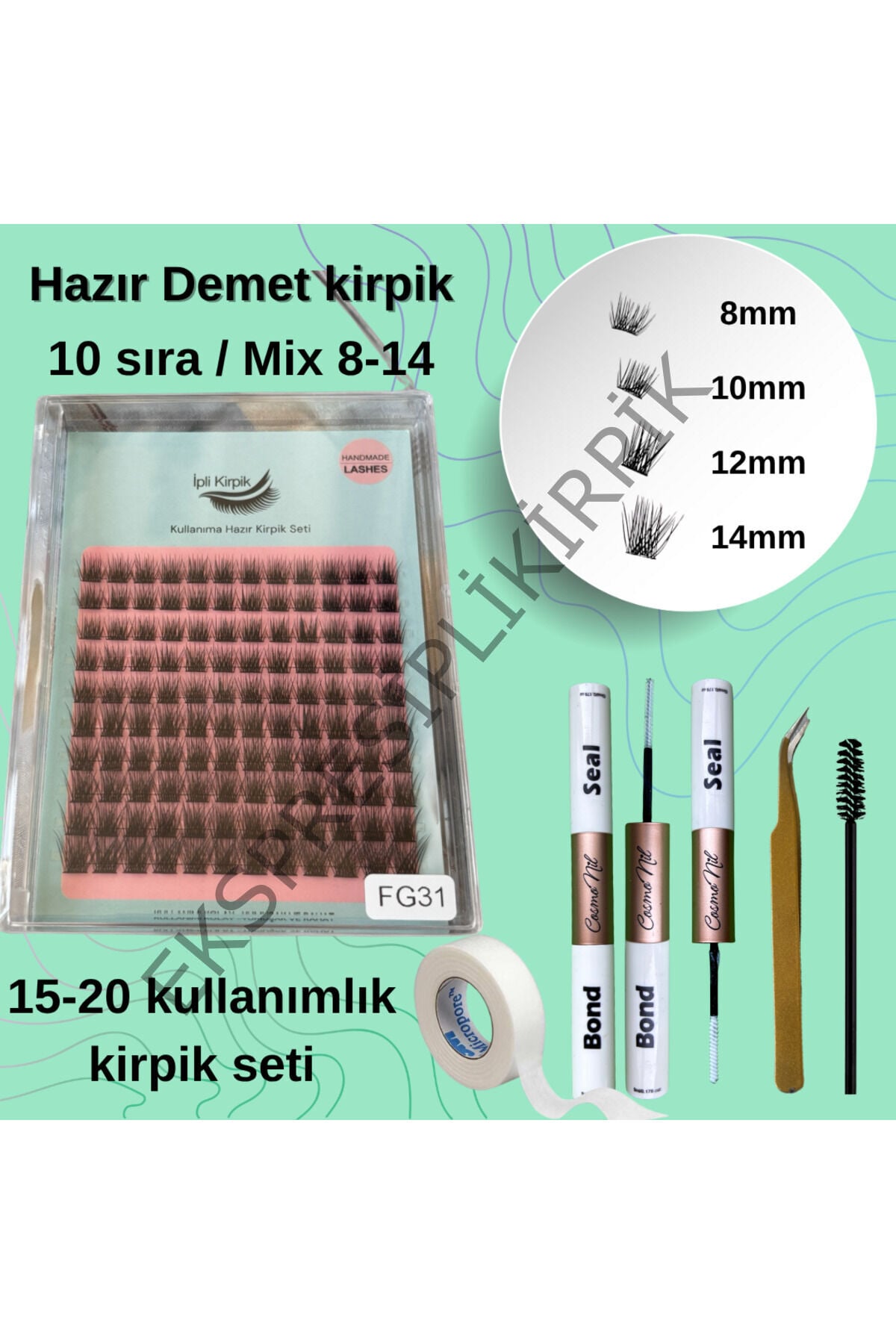 Hazır Demet Rus Volum Kirpik Seti ; Yapıştırıcı, Sabitleyici, Cımbız, Fırça, Kirpik Bandı