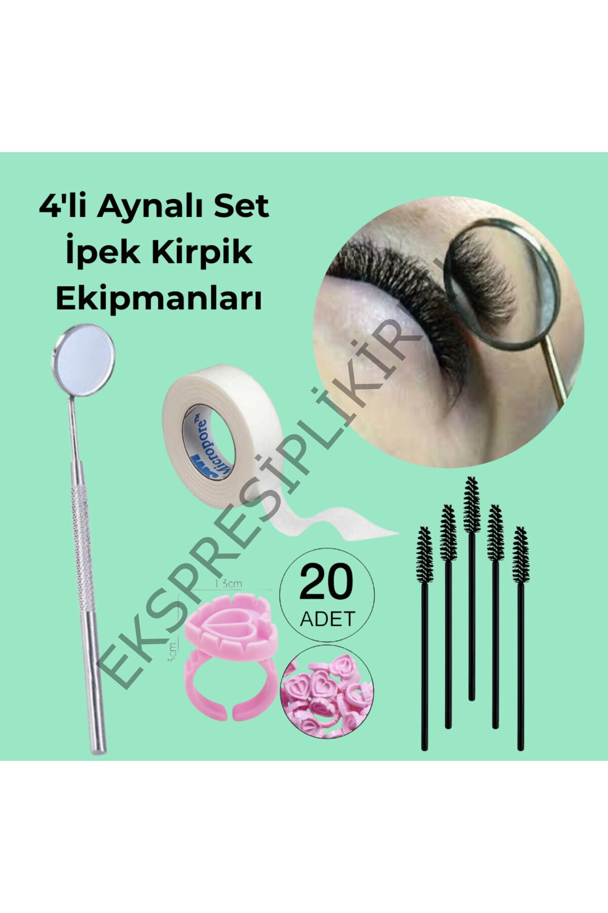 3li Set Kirpik Bandı; Kirpik Aynası, Ipek Kirpik Kontrol Aynası ; 10 Yapıştırıcı Yüzüğü